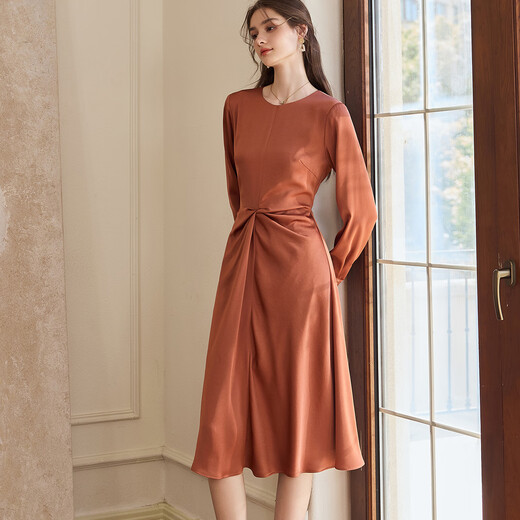 
ROEYSHOUSE ROYSHOUSE premium caramel color pleated dress spring new elegant satin waist-closing large hem skirt 10971 caramel color XL