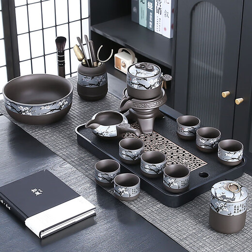 Zisha lazy tea making artifact Kung Fu tea cup tea set household retro stone mill automatic teapot gift box Zisha plum blossom thirteen-piece set--safe packaging 13 pieces