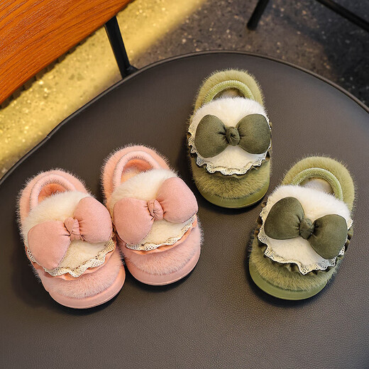 Winter children's cotton slippers for girls and princesses, non-slip EVA warm plus fluffy bow, small and medium-sized children's cotton slippers, upgraded version of environmentally friendly material pink (heel included) 12 28/29 size (inner length 17CM, no rear elastic band