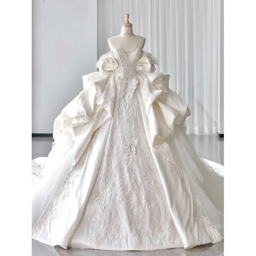 SHANDONGSHAONV French satin one-shoulder heavy-duty wedding dress 2025 new bride fugitive princess large tail main yarn white floor-length wedding dress XS