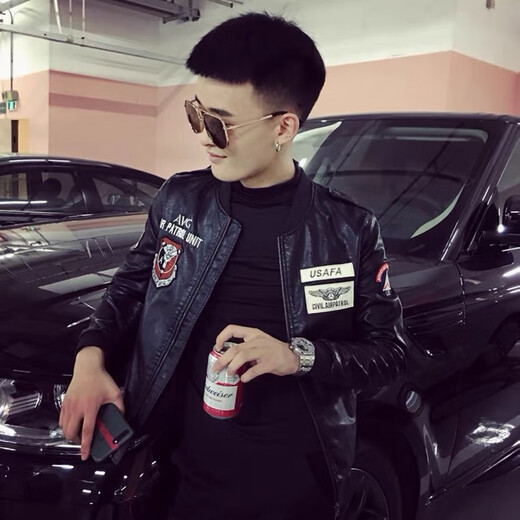 Playboy (PLAYBOY) Pilot Jacket Men's Motorcycle Handsome Leather Jacket Pi Shuai 2025 Spring and Autumn New Internet Celebrity Korean Slim Casual Jacket 8801 Black (High Quality, No Peeling) M Recommendation 85-110Jin Jin is equal to 0.5 kg