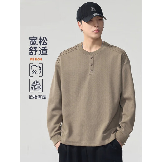 YISHION Henry collar sweatshirt men's autumn and winter plus velvet style 2025 new spring and autumn style inner long-sleeved T-shirt men's base shirt 2811-1 light coffee plus velvet 3XL 150-170Jin Jin is equal to 0.5 kg