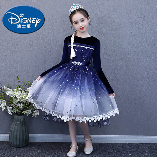 Disney (DISNEY) Elsa Princess Dress Girls Frozen 2 Autumn and Winter Style Elsa Dress Velvet Performance Dress 8096 Sapphire Blue Gradient 100 cm