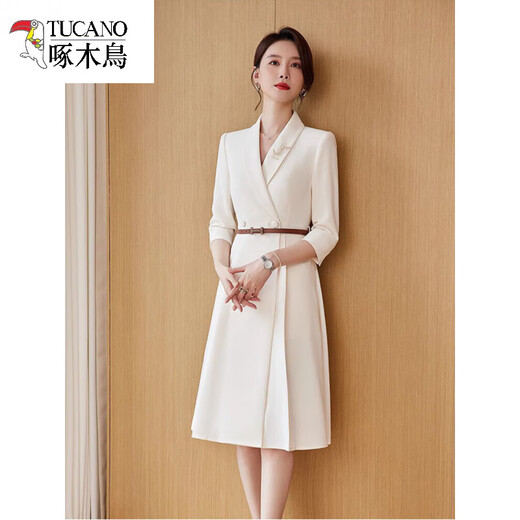 
Woodpecker brand off-white formal occasion dress for women's temperament fashionable suit host speech contest high-end profession off-white short-sleeved dress (half-pleated) L