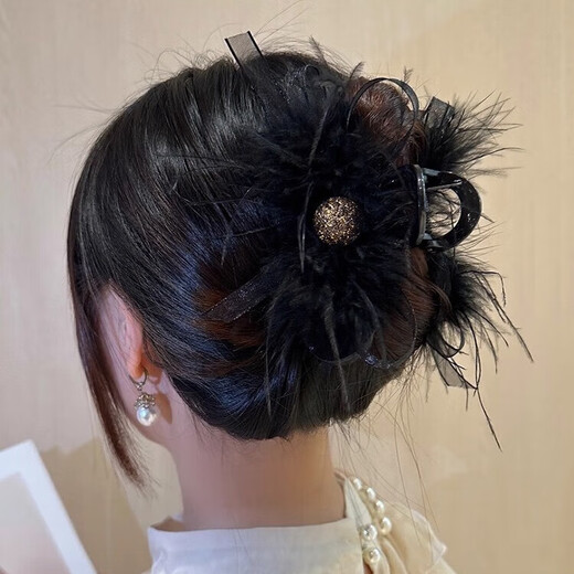 2023 New Bow Black Feather Clip for Women's Back of Head Autumn and Winter High-Quality Shark Hair Clip Black Gold Beads