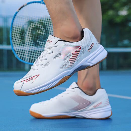 65z3 New Badminton Shoes Autumn Indoor Comfortable Double Net Sports Shoes Simple Thick Soled Lightweight Competition Shoes White Red 42