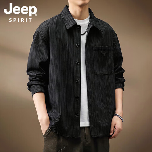 JEEP SPIRIT Jeep Japanese bamboo pattern shirt jacket men's autumn loose new retro top workwear long-sleeved shirt black XL