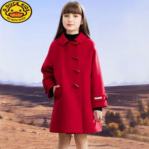 G.DUCKKIDS Girls' Woolen Coat Autumn and Winter Fashionable Red New Year's Clothes Middle-aged Girls' Woolen Coat Thickened Cotton Red Single Layer 150 Height 140-145cm 11-12 years old