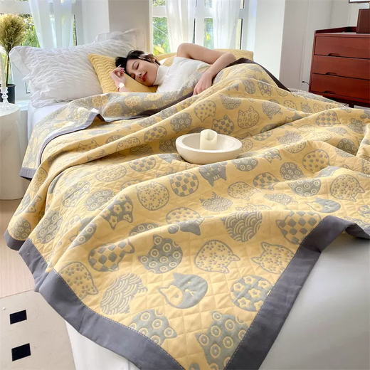 Yusenyi Class A cotton three-layer yarn multi-functional blanket quilt pure cotton summer quilt blanket air-conditioning quilt summer cooling quilt Cotton Lanhuayang Yellow Class A cotton three-layer yarn multi-functional blanket quilt 180x220cm single large quilt