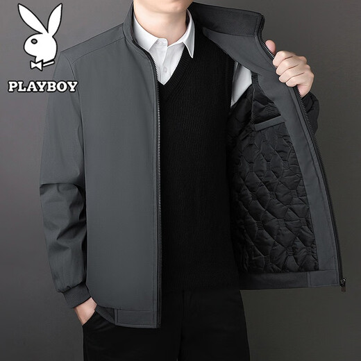 PLAYBOY Cotton Men's Autumn and Winter Jacket Cotton Large Size Men's Business Casual Windproof Stand Collar Jacket Black XL