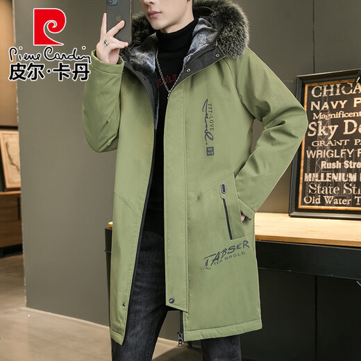 Pierre Cardin parka men's velvet windbreaker jacket winter thickened warm mid-length coat trendy student cotton coat cotton jacket 917 military green XL