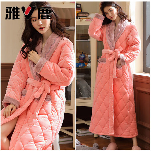 Yalujia Cotton Nightgown Women's Autumn and Winter Thickened and Velvet 2025 New Couple's Pajamas Winter Men's Coral Velvet Bathrobe 8921 Pink XL Three-Layer Long Warm