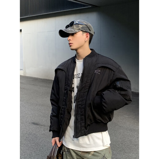 OEMG American deconstructed motorcycle cotton jacket men's winter short aviator curved handsome jacket thickened baseball jacket black quilted thickened XL recommended 130-150Jin Jin equals 0.5 kg