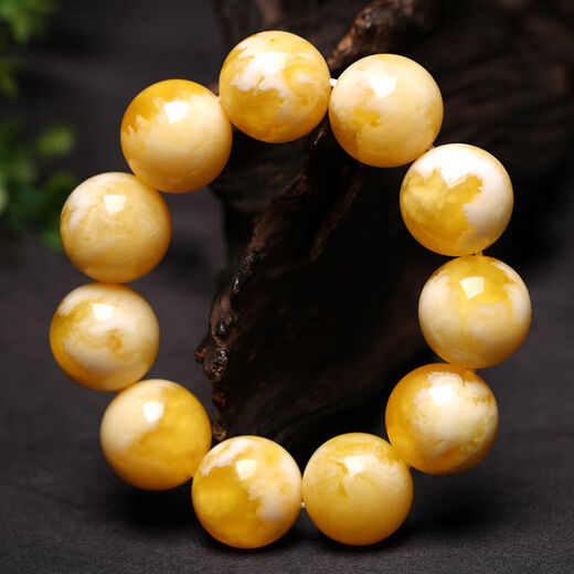 Shimei natural Russian beeswax bracelet for men, white flower beeswax bracelet for women, amber chicken fat yellow (with national inspection certificate) Russian white flower beads diameter 12 mm (16 pieces)