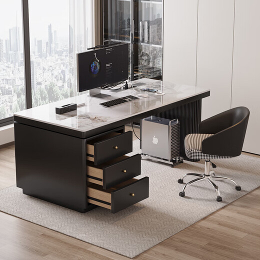 Verdenden modern Nordic style computer desk bedroom student study table new home slate desk study office writing desk black feet + black cabinet + Chanel glossy 160*60*75 single table with table top plug + threading hole + host position