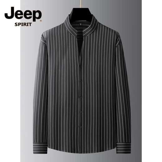 JEEP SPIRIT 2025 Spring and Autumn New Stand Collar Vertical Striped Shirt Men's Long Sleeve Business Casual Plus Fat Plus Size Henry Collar Shirt Black L