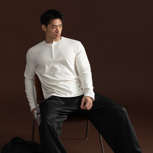 Monster Guardians long-sleeved fitness clothes for men, far infrared heating and warm sports tops, slim fit and skin-friendly two-color Henley shirt, black M