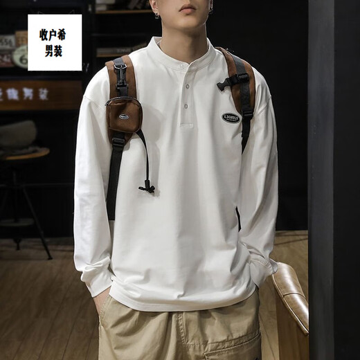 Jiaojing autumn and winter simple heavy henley collar long-sleeved t-shirt men's spring and autumn loose large size sweatshirt American bottoming polo shirt trendy white cotton material L recommended 120-135Jin Jin equals 0.5 kg