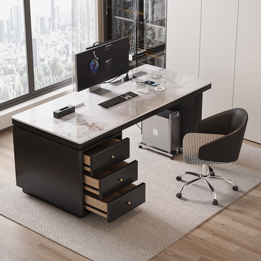 Verdenden modern Nordic style computer desk bedroom student study table new home slate desk study office writing desk black feet + black cabinet + Chanel glossy 160*60*75 single table with table top plug + threading hole + host position
