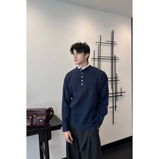 Fashionable Formula Lazy Style American Vintage Henry Collar Sweater Men's Loose Versatile Casual Sweater Trendy Navy S