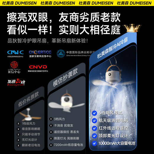 
Du Meisen dormitory ceiling fan bed electric fan silently hanging small fan mosquito net fan usb camping tent small ceiling fan portable bedroom charging fan small Fengbao [wire type] 3-meter charging cable 丨5-speed cold air 丨remote control timing 3-speed eye protection light 丨remote control timing 丨 simulated natural wind 丨 table/hang two-purpose