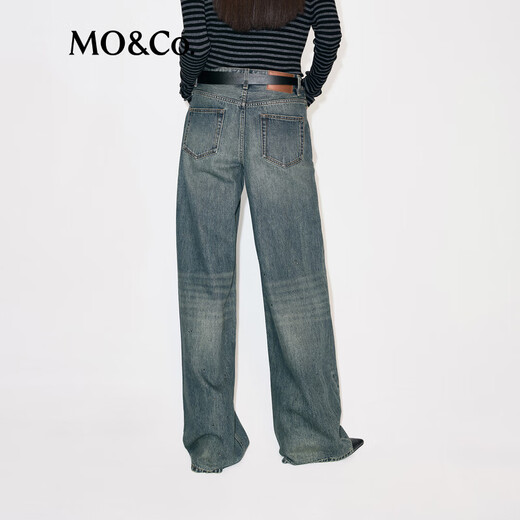 MO&Co. Divine Pants Jeans 2025 Winter New Arrival Cotton Nostalgia Washed and Hot Diamond Wide Leg Pants Mid-Waist MBE4JENT08 Denim Blue L 28