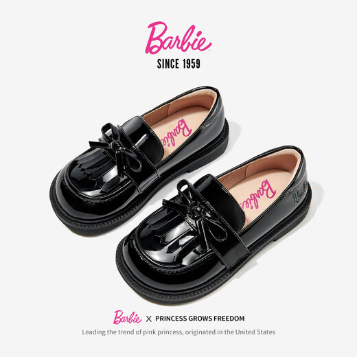 Barbie Girls Leather Shoes Spring and Autumn Little Girls Black Leather Shoes Girls Loafers Soft Soled Small Leather Shoes DA6720 Black 36
