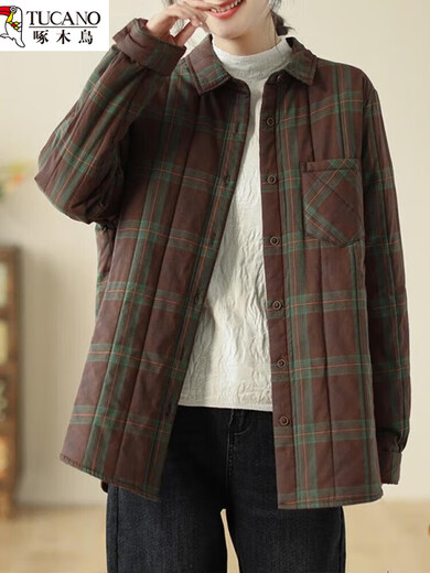 Woodpecker quilted plaid shirt and cotton coat for women in autumn and winter, loose thickened and warm single-breasted lightweight down coat, picture M recommended 90-115Jin Jin equals 0.5 kg