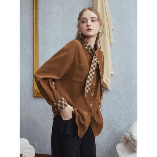 Two or Three Things Van Gogh Literature and Art Honey Thorns 2025 Winter New Plaid Tie Embroidered Long Sleeve Shirt for Women Brown L