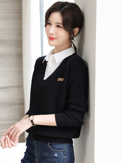 假两件女士毛衣秋款2025年新款女装长袖小衫衬衣领打底衫洋气上衣 1223绿色 均码