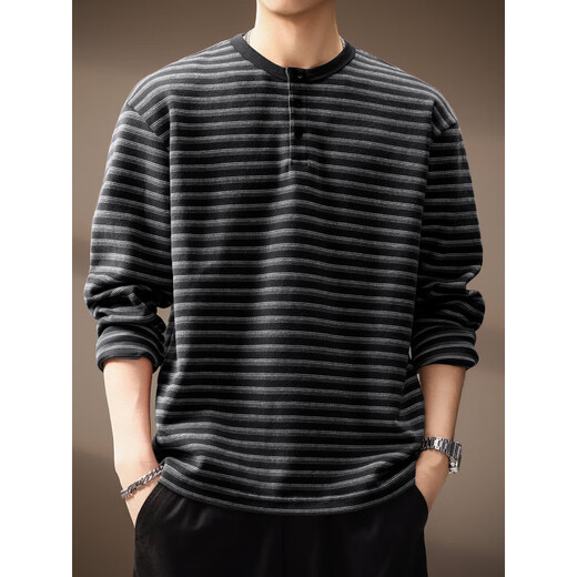 Henhut luxury high-end brand high-end striped long-sleeved T-shirt men's autumn new loose sea soul shirt Henry collar sweatshirt men black M suitable for 110-130Jin Jin equals 0.5 kg