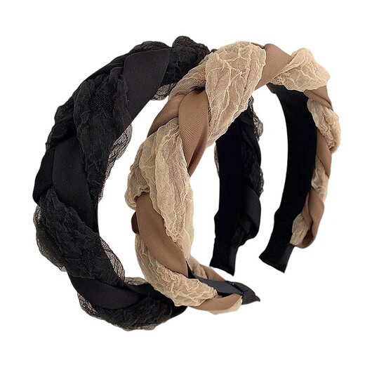 Huashike 2022 new high-end organza chain headband lace braided hairpin temperament twist braid headband headwear 1# four-strand twist braid - black
