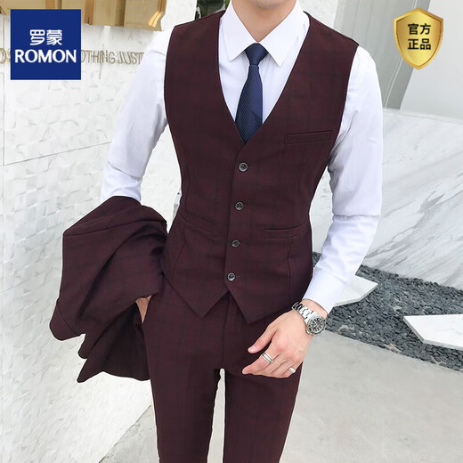 ROMON men's three-piece suit, tailored shirt, hairstylist plaid pants, Korean trendy suit suit, vest, male groomsman ao1909 light gray plaid vest 3XL 146 - 155Jin Jin is equal to 0.5 kg