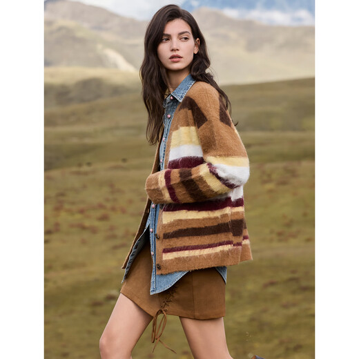 ELLE Retro Maillard Striped Knitted Cardigan Women's 2025 Winter New Plush Design Loose Sweater Striped S