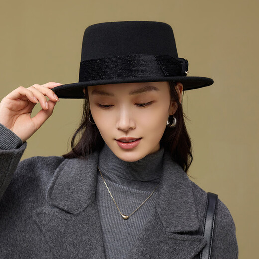 Siggi wool woolen hat for women winter new style French wedding retro fashion all-match flat brim elegant bow knot flat top hat black coffee 57cm