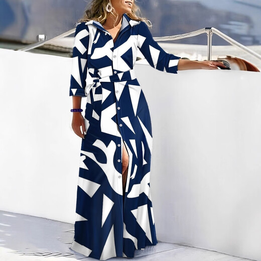 2023 eBay hot style autumn new fashion long-sleeved printed shirt dress long dress for women navy print S