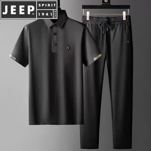 JEEP SPIRIT luxury two-piece set men's summer new casual sports suit men's business short-sleeved ice silk suit V blue suit M Recommended 90-120Jin [Jin equals 0.5 kg]