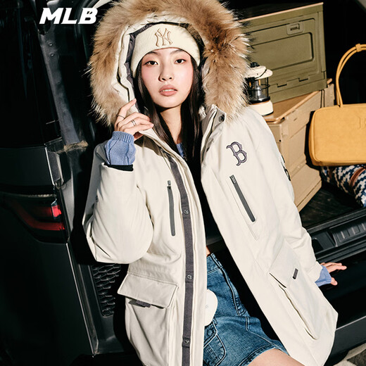 MLB official men's and women's big fur collar down jacket 26 spring new trendy warm logo jacket 3ADJB0656 Boston team/dark cream/recommended to order one size smaller XL 180/100A
