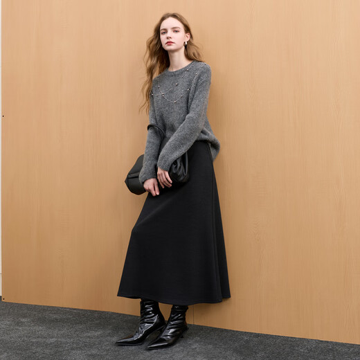 Sancai 2025 new winter style simple and elegant elastic waist skirt temperament commuting A-line skirt long skirt M