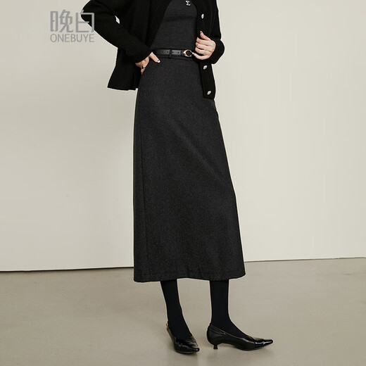 Late White New Product 2025 Autumn Fashion Casual Skirt Straight Solid Color Wool Skirt Without Belt Dark Gray L