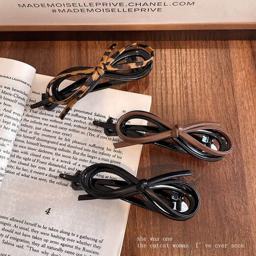 Gaenbei's new Korean style leather bow twist clip for women with updo hair on the back of the head, high-end one-word clip, retro clip hair accessory, 1 leopard print bow twist clip (about 11CM long)