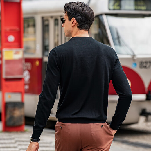 Mr. Bu Henry collar thin wool T-shirt spring and autumn long-sleeved wool sweater for men piano black L (175)