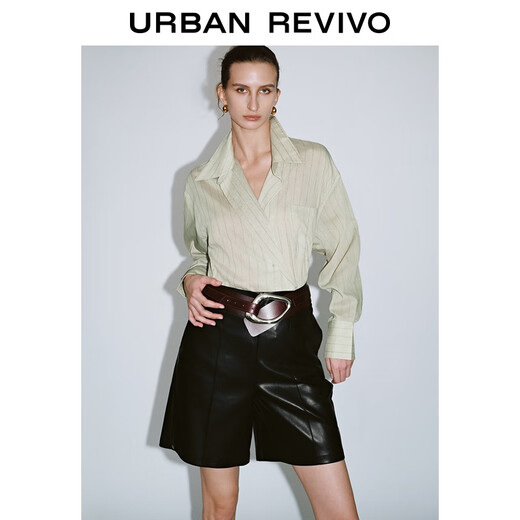 UR2026 Spring New Women's Lazy Casual Style Striped Long-Sleeved Cardigan Shirt UWM250114 Khaki Green Striped (Fabric Slightly Transparent) S