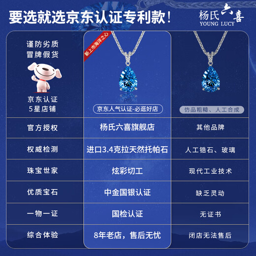 Young's Six Happiness Hong Kong Brand Light Luxury Valentine's Day Birthday Gift for Wife Natural Gem Heart of the Ocean Necklace Fashion 3 Carat Millennium Topaz Necklace - Upgraded Style