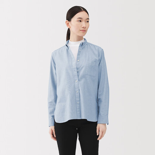 MUJI Women's Cotton Washed Oxford Button Collar Long Sleeve Shirt Saxony Blue L