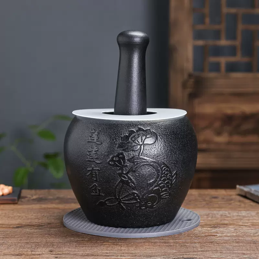 Yusenyi household black gold stone mortar garlic pounder pepper grinder garlic mortar stone pounder stone ladle mortar stone cup pound medicine jar Lianlian Youyu outer diameter 16CM water drop shape internal design 16ml