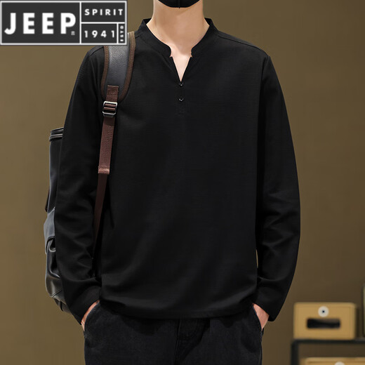 JEEP SPIRIT Henry collar long-sleeved t-shirt for men 2025 new solid color retro simple bottoming shirt autumn loose v-neck sweatshirt black 99539 long sleeve 4XL