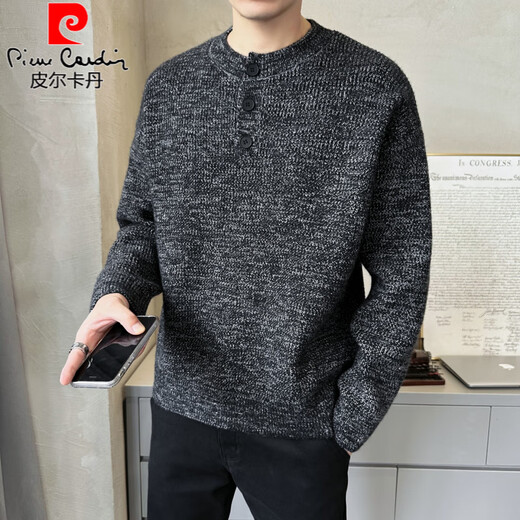 Pierre Cardin 2025 autumn and winter new high-end loose pullover sweater men's Henry collar sweater gray sweater base layer black M