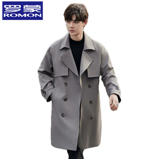 ROMON thin windbreaker jacket for men in spring and autumn mid-length suit collar silhouette coat double-breasted British style trendy top black XL