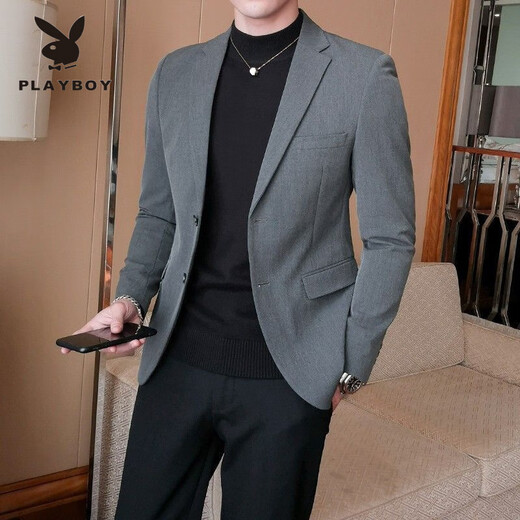 Playboy New Suit Men's Slim Small Suit Casual and Versatile Korean Style Handsome Trendy Solid Color Business Spring and Autumn Suit Jacket Two Buttons 1819 Dark Gray (Top) L 105-120Jin Jin equals 0.5 kg